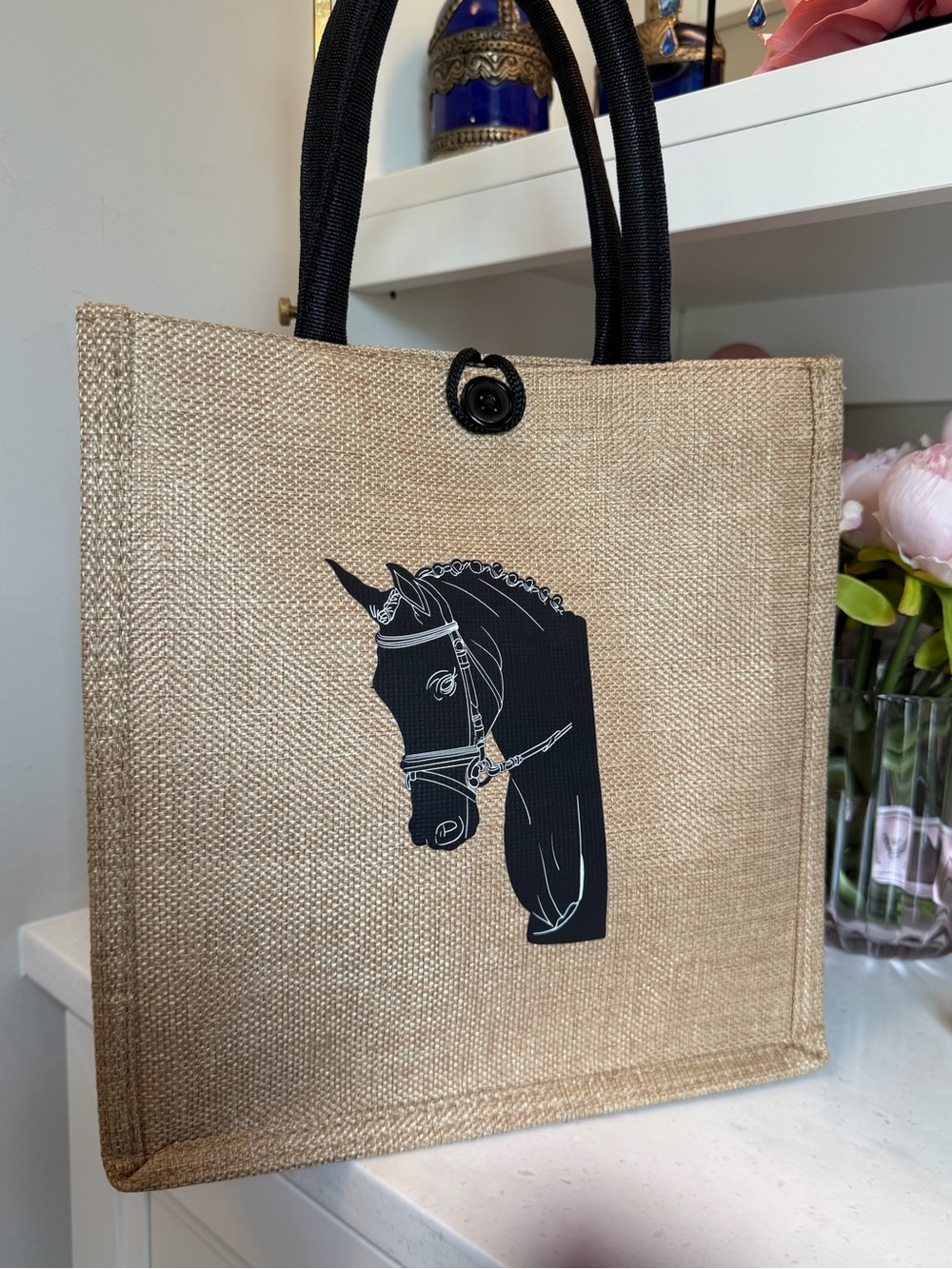 Equestrian Theme lined Natural Jute Tote Bag NWOT